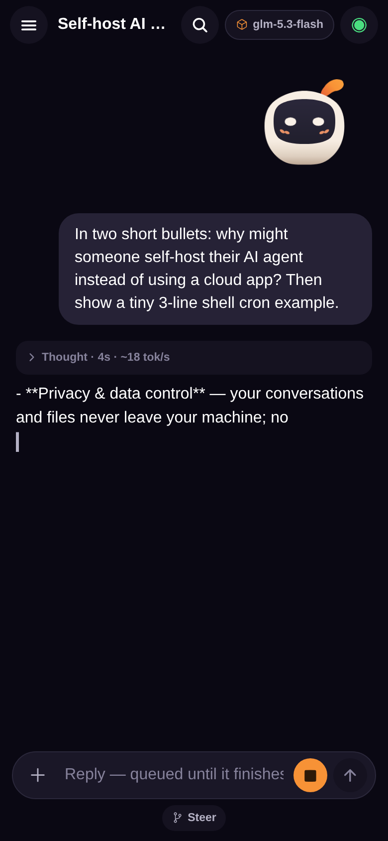 Moch streaming an answer with its thinking visible